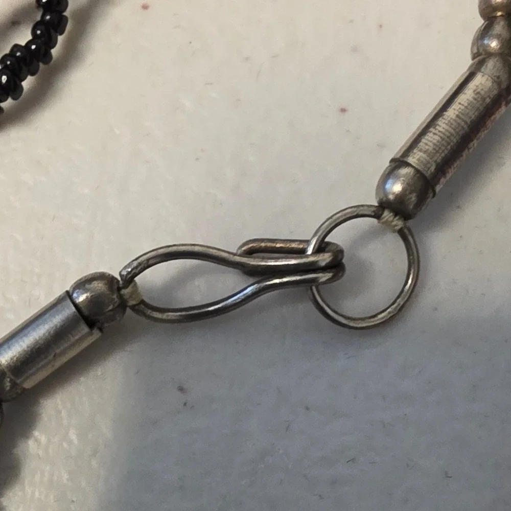 Vintage Necklace‎ Statement Black Beaded Multi-Strand Hammered Metal Pendant